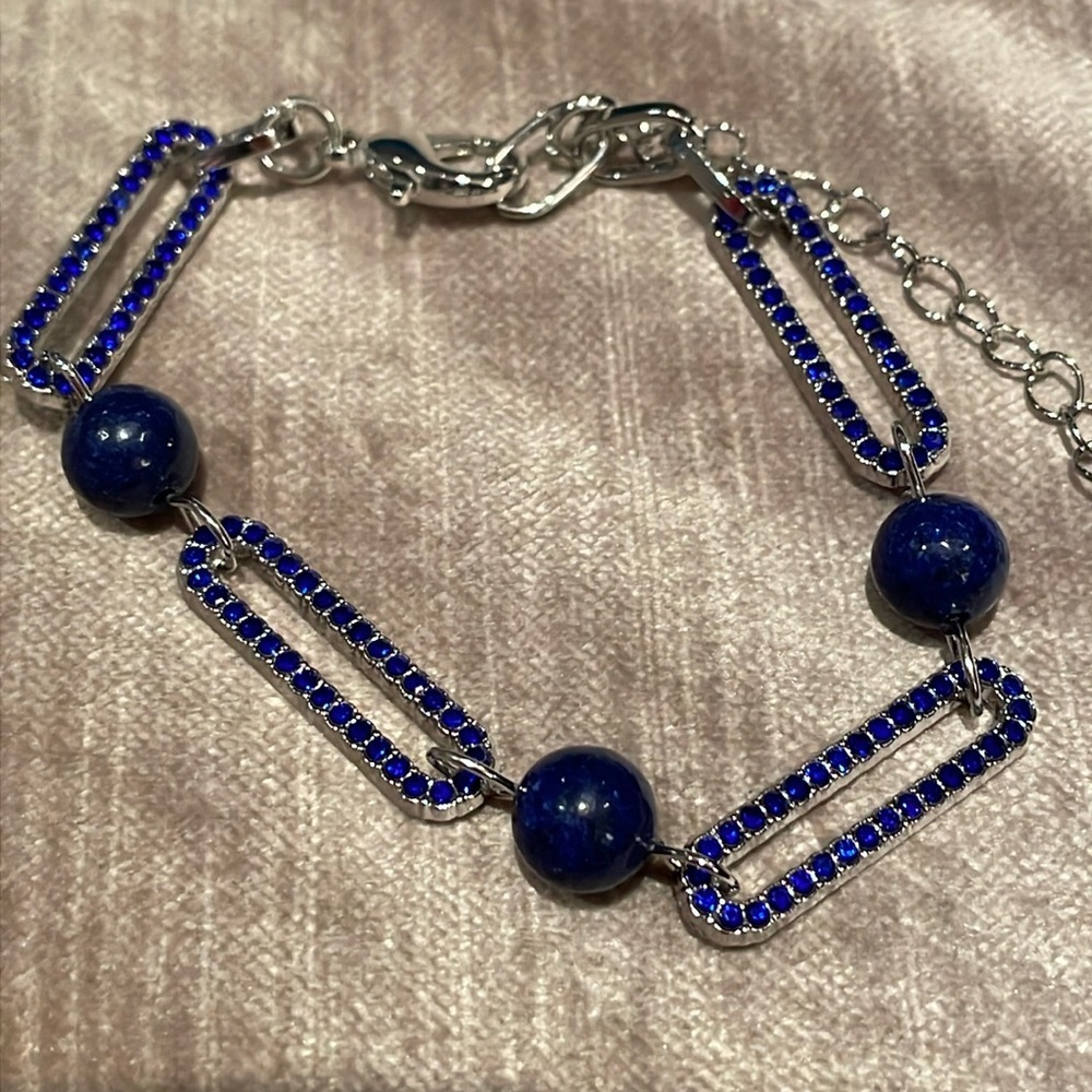 Lapis Lazuli Bracelet with Blue Austrian crystals 7.5-9.5” Adjustable